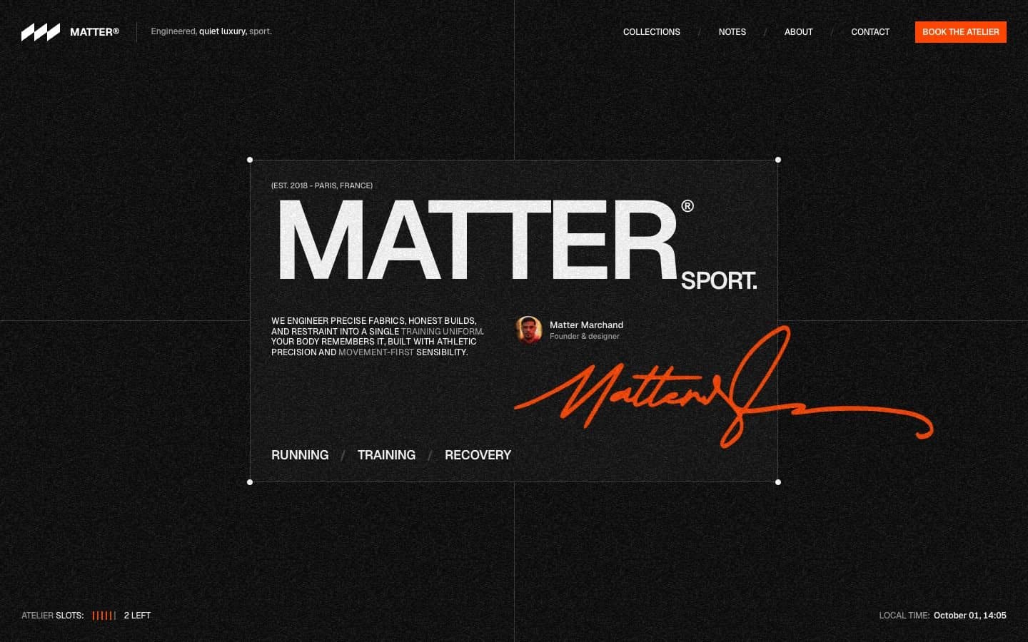 Matter Sport landing page: a dark, textured hero with an orange signature over the wordmark
