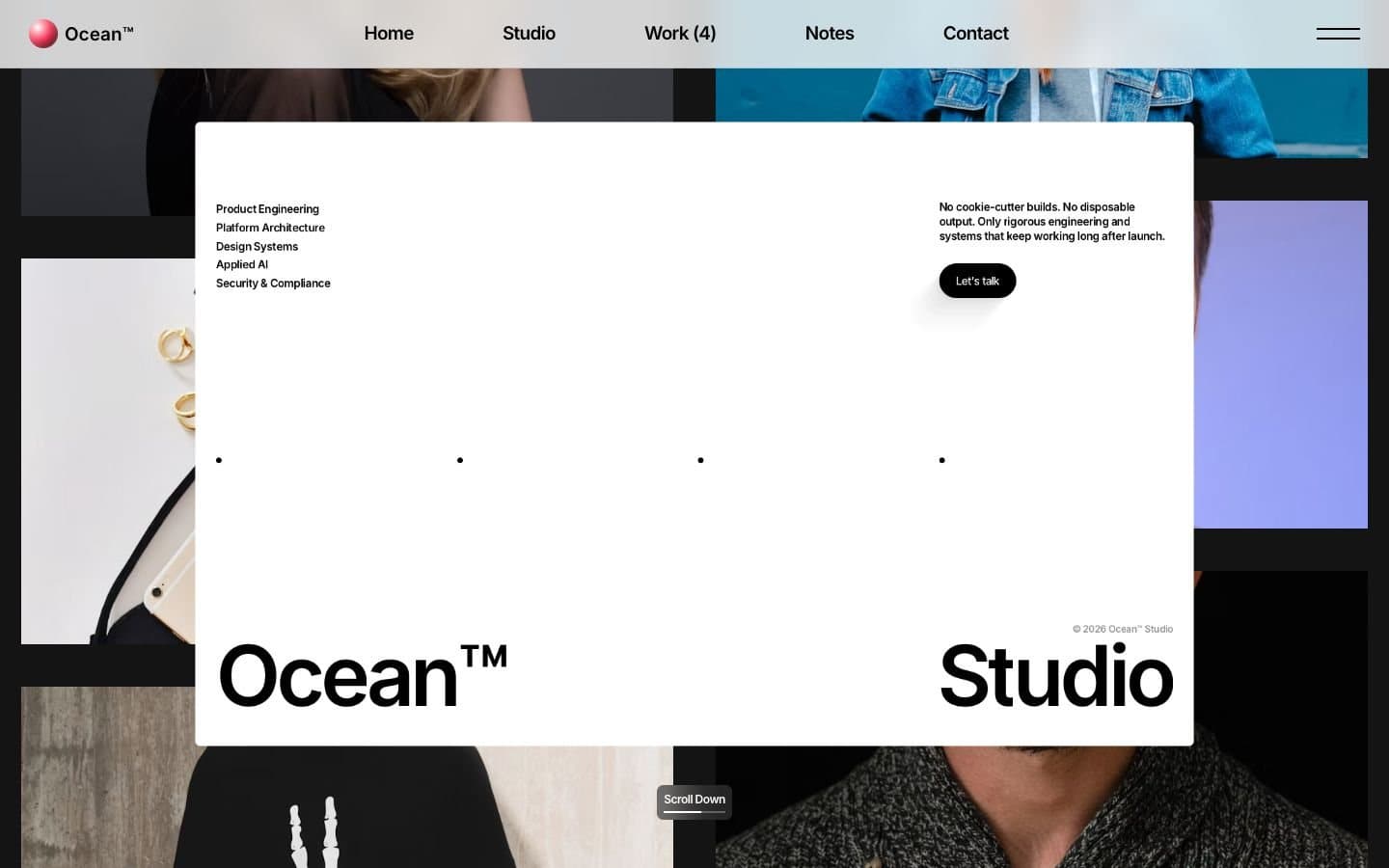 Ocean Studio landing page: a white card framed by a grid of editorial photographs
