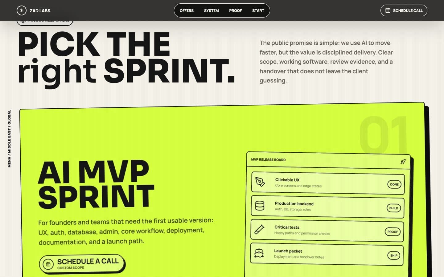 Zad Labs: a pricing section with an "AI MVP sprint" card in acid green and a release board